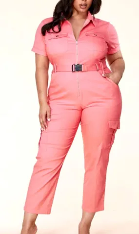 Curvy Cargo Zip Up Jumpsuit