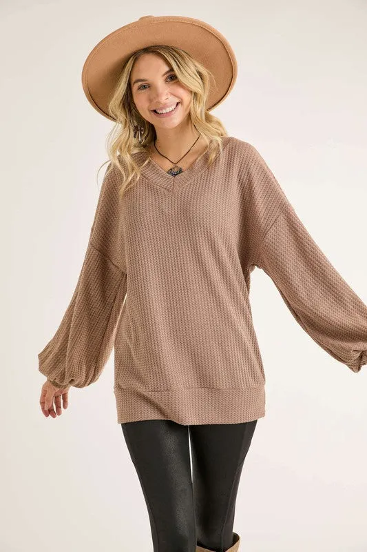 Dark Taupe Puff Sleeve Waffle Top