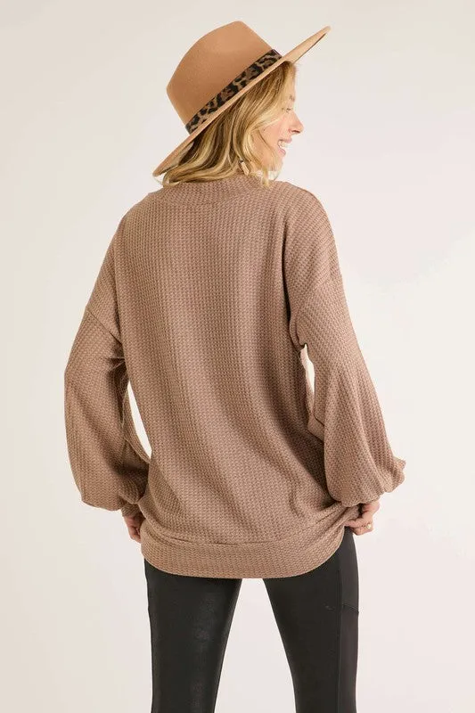 Dark Taupe Puff Sleeve Waffle Top