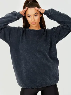 Domy Acid Wash Fleece Sweatshirt Jumper In Black