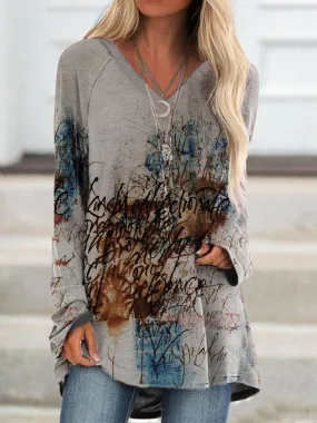 Dunnmall Multicolor Abstract Art Printed V Neck Long Sleeve Shift Casual Shirts & Tops