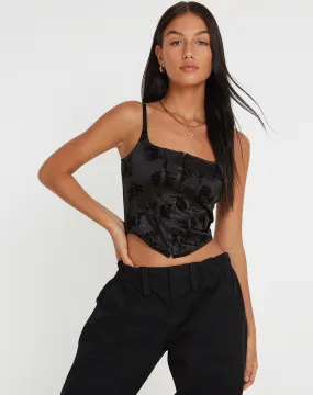 Ello Corset Top in Black Rose Flock