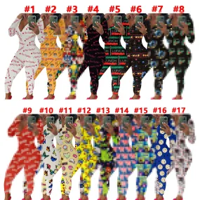 F5204 Amazon Hot Sale Cross-Border European and American Women's Clothing Casual Pattern Printed Long-Sleeved Trousers Home Jumpsuit