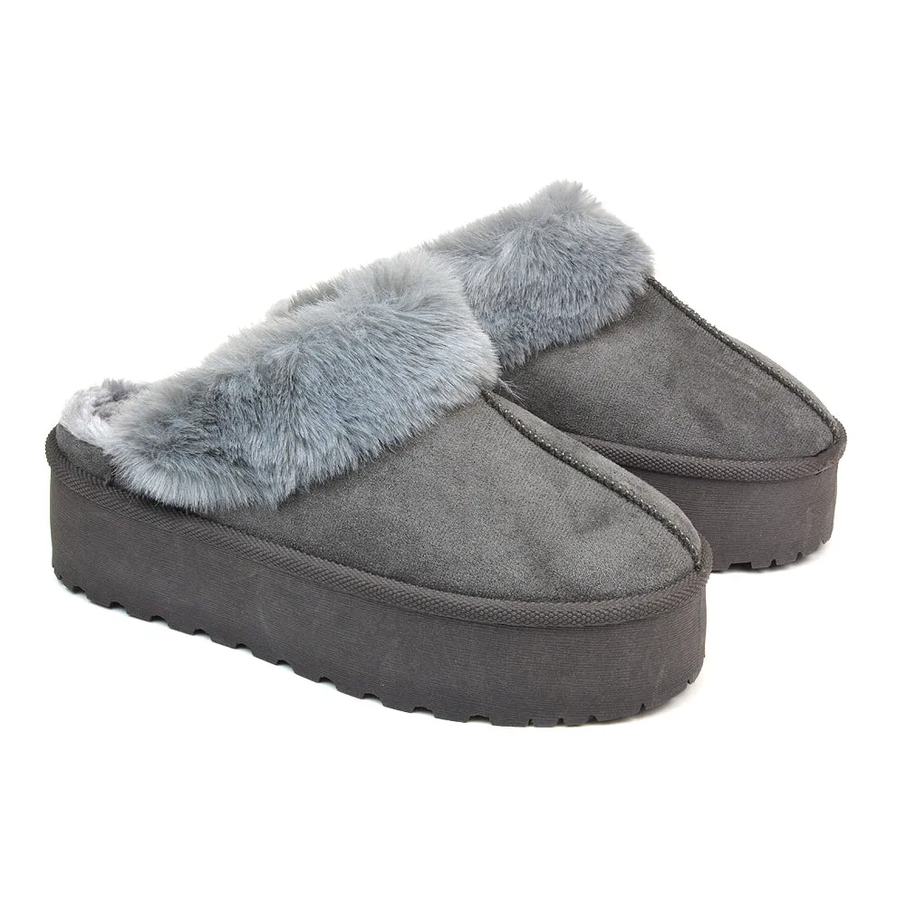 Faith Slip On Faux Fur Slippers with Platform Sole in Camel