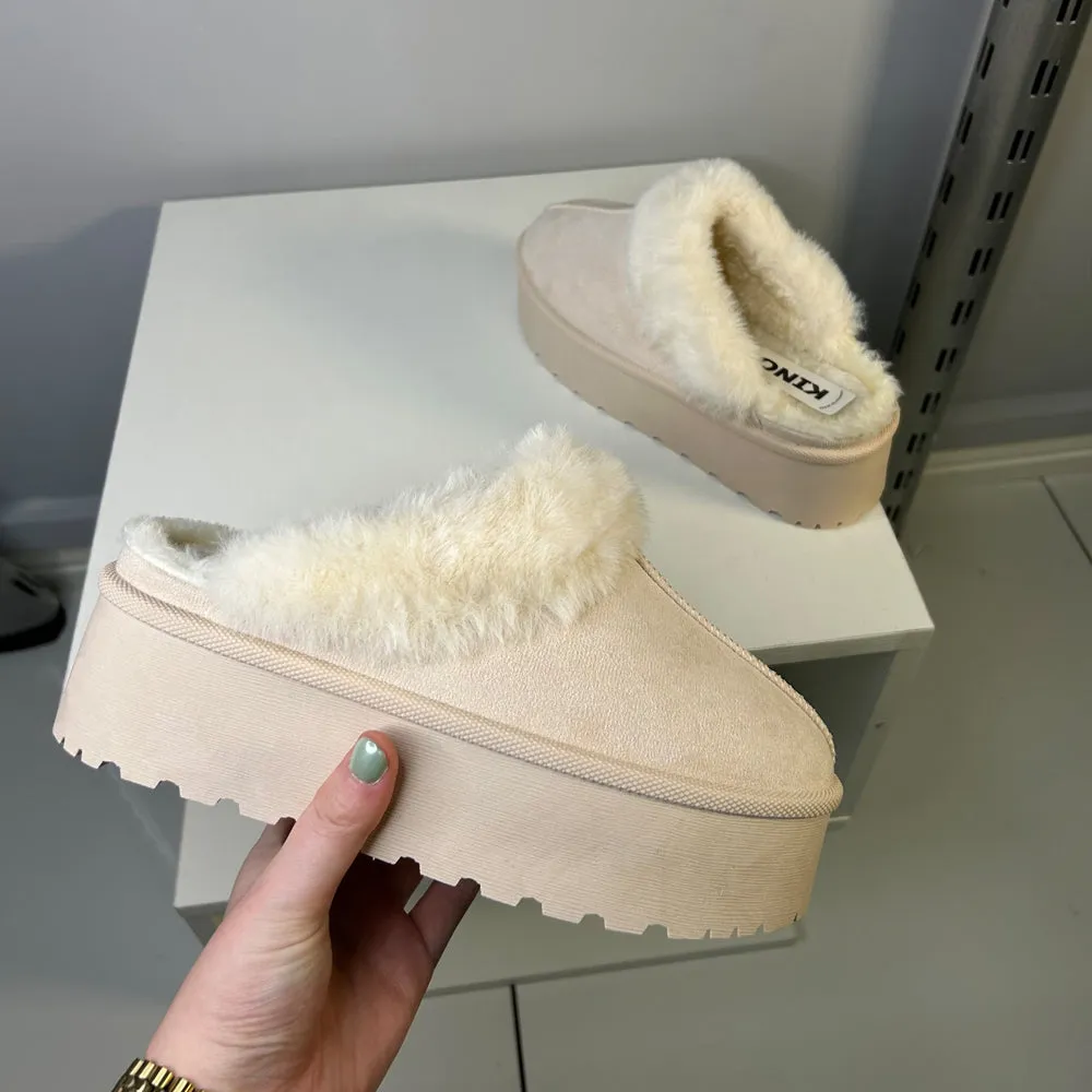 Faith Slip On Faux Fur Slippers with Platform Sole in Camel