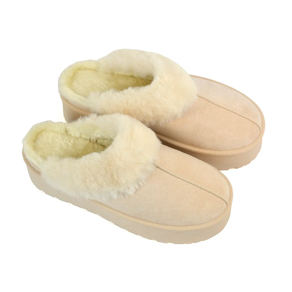 Faith Slip On Faux Fur Slippers with Platform Sole in Camel