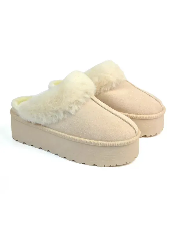 Faith Slip On Faux Fur Slippers with Platform Sole in Camel