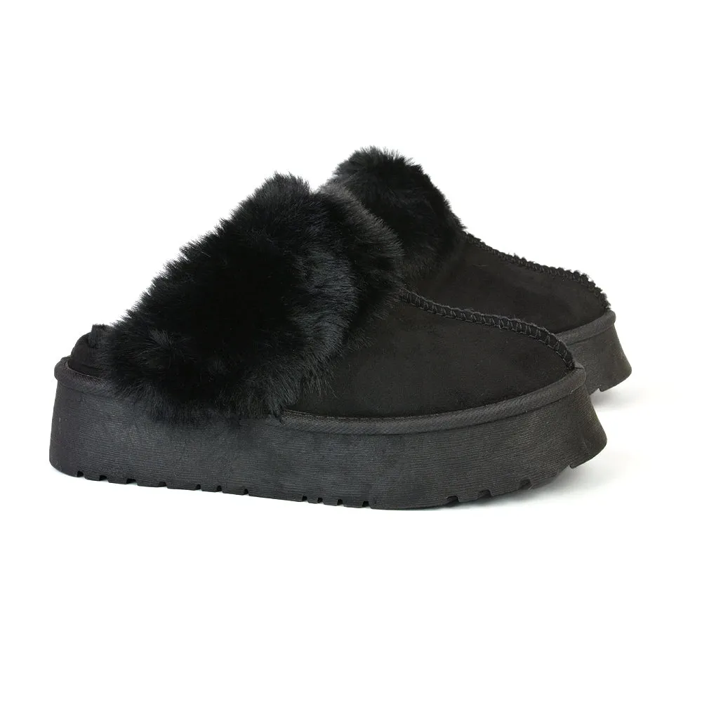 Faith Slip On Faux Fur Slippers with Platform Sole in Camel