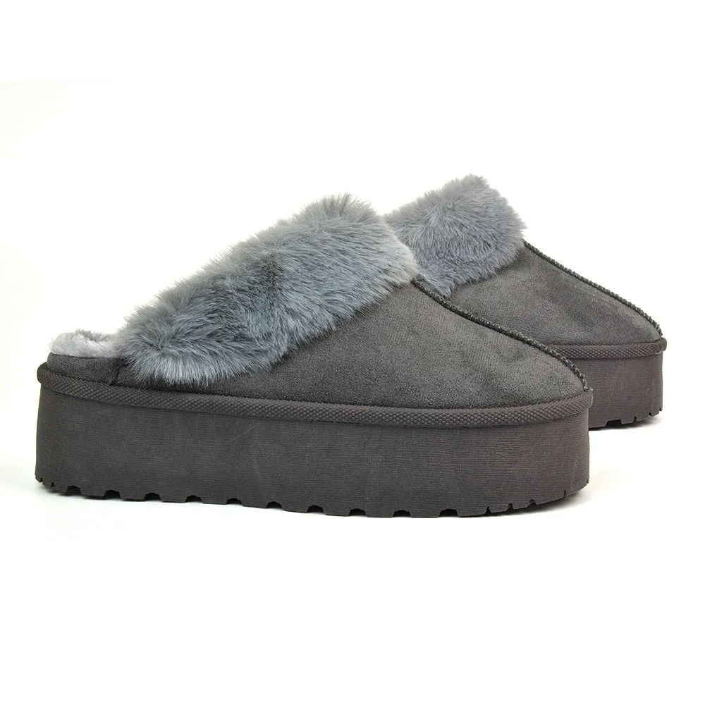 Faith Slip On Faux Fur Slippers with Platform Sole in Camel