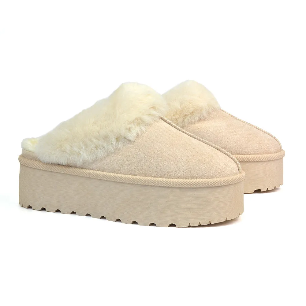 Faith Slip On Faux Fur Slippers with Platform Sole in Camel