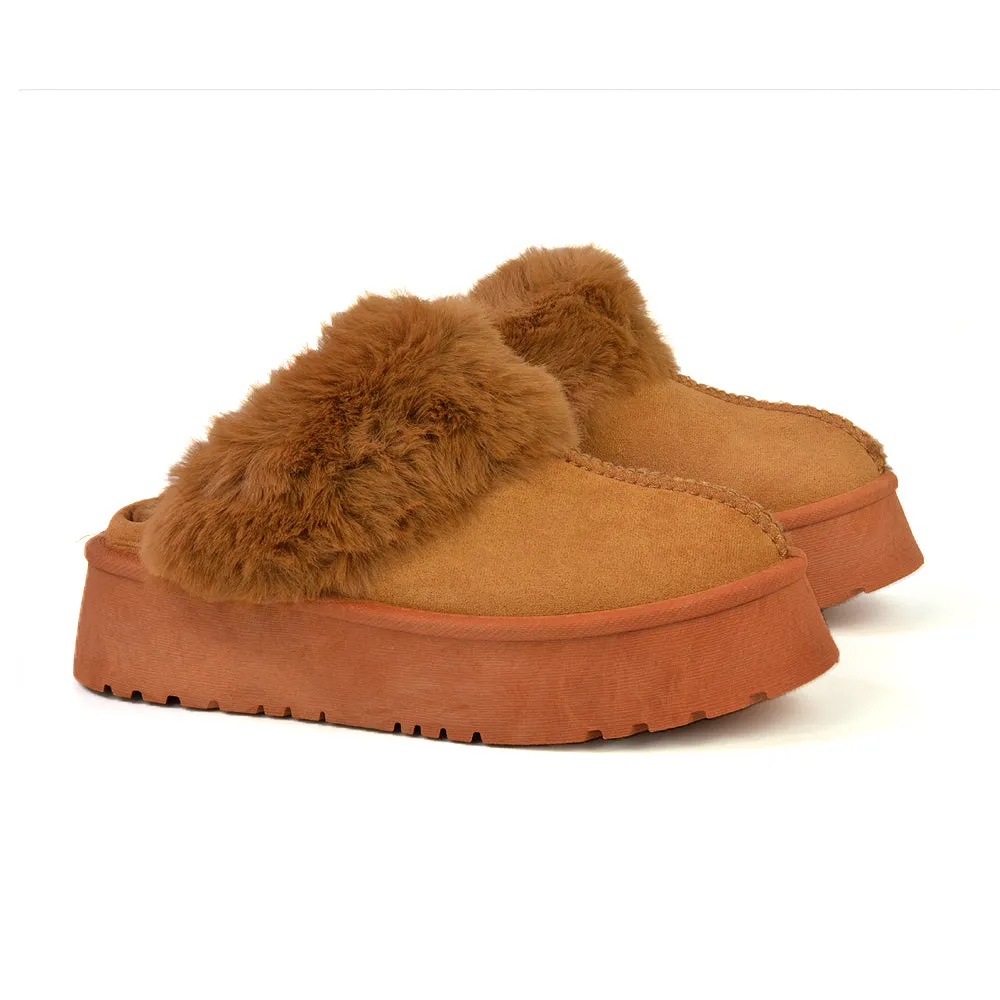 Faith Slip On Faux Fur Slippers with Platform Sole in Camel