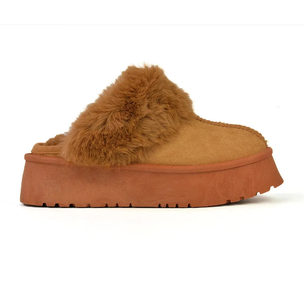 Faith Slip On Faux Fur Slippers with Platform Sole in Camel