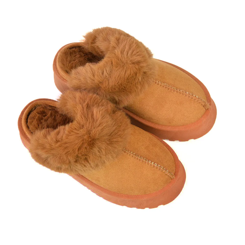 Faith Slip On Faux Fur Slippers with Platform Sole in Camel