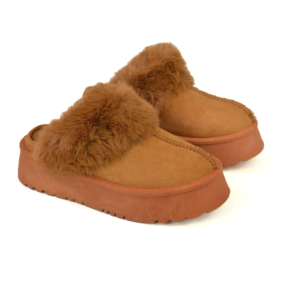 Faith Slip On Faux Fur Slippers with Platform Sole in Camel