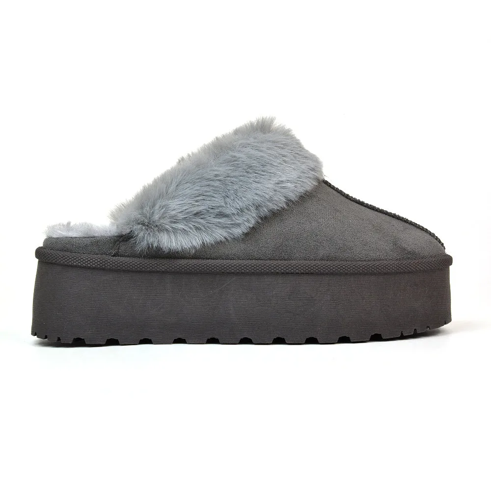 Faith Slip On Faux Fur Slippers with Platform Sole in Camel