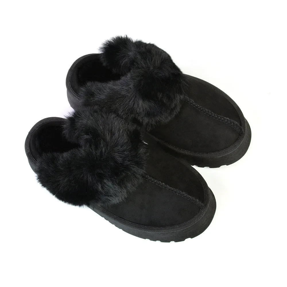 Faith Slip On Faux Fur Slippers with Platform Sole in Camel