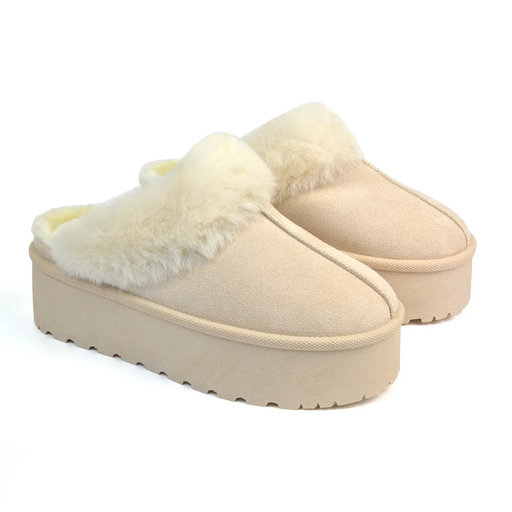 Faith Slip On Faux Fur Slippers with Platform Sole in Camel