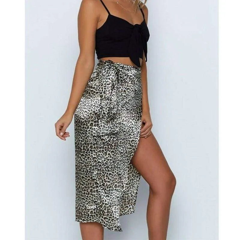 FashionSierra - Women High Waist Leopard Print Split Midi Sundress