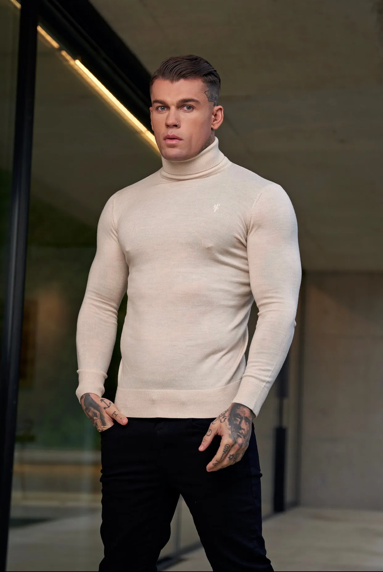 Father Sons Classic Beige Roll Neck Merino Wool Knitted Jumper With FS Embroidery - FSN012