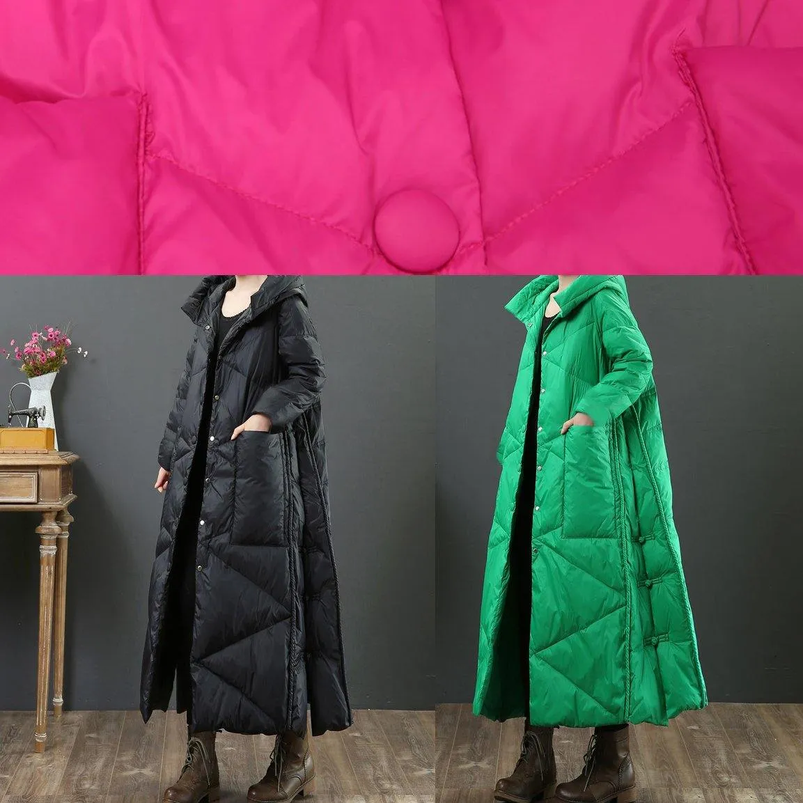 fine green warm winter coat oversize down jacket hooded Button Down women Jackets