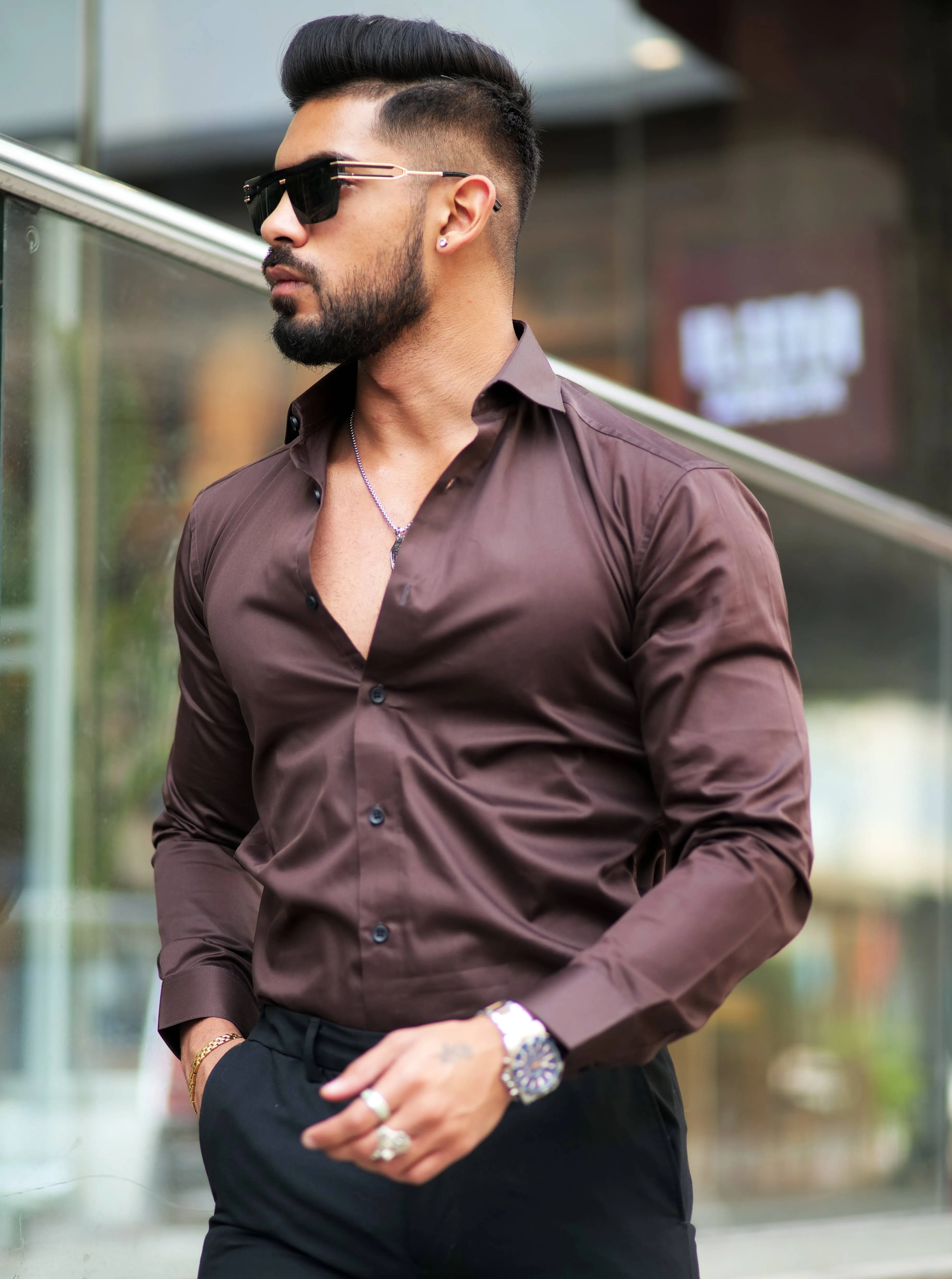 Formy Woody Brown Luxury Formal Satin Cotton Shirt For Men's