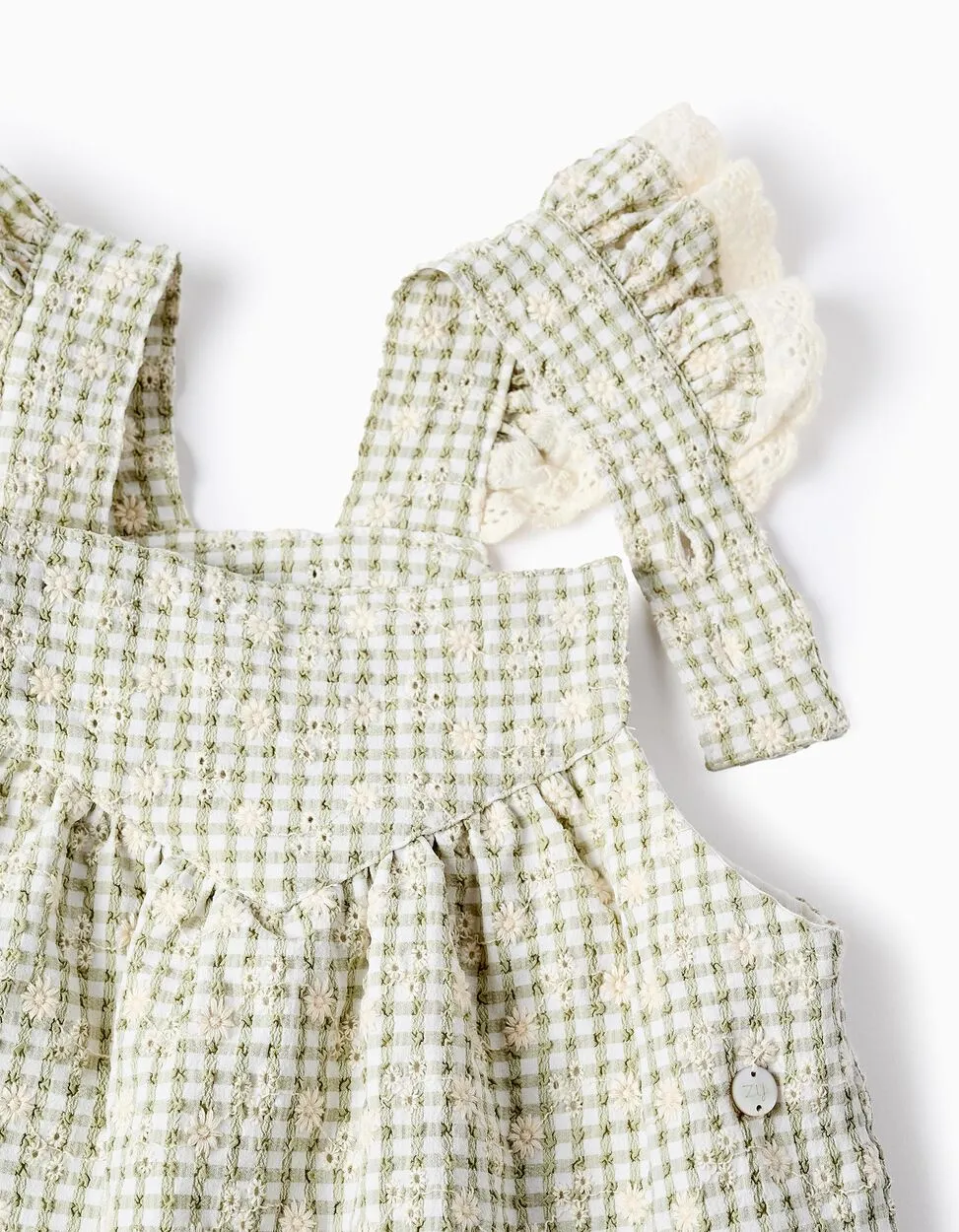 Gingham Jumpsuit with Embroidery for Baby Girls, Green/White