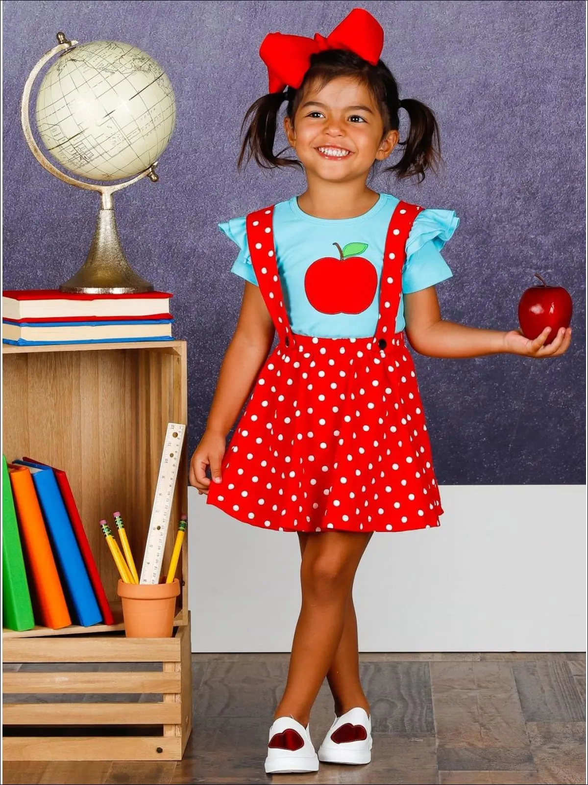 Girls Blue Flutter Sleeve Apple Print Top and Polka Dot Overall Dress Set