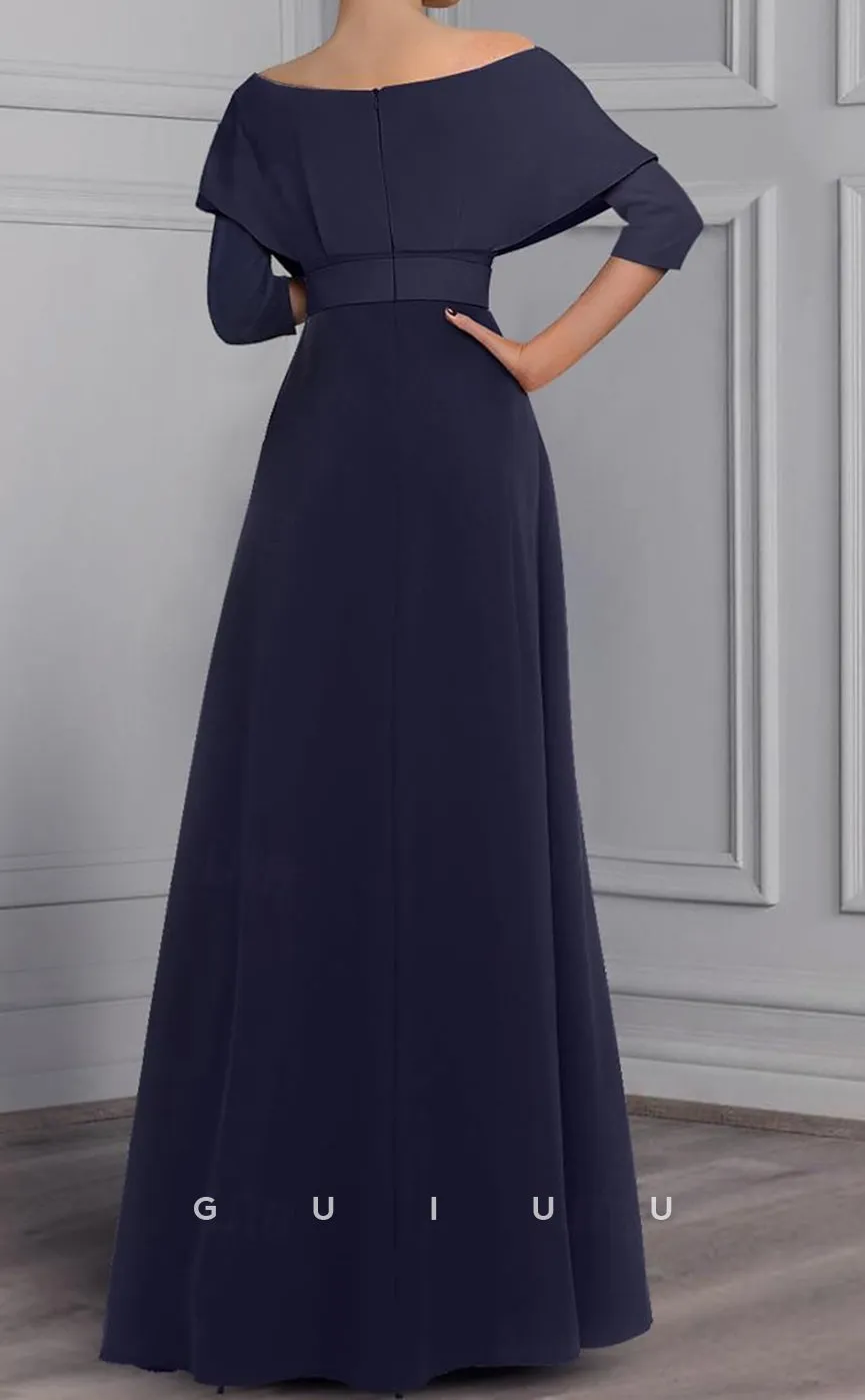 GM084 -  Jumpsuit Scoop Neck Off Shoulder 34 Length Sleeve Ankle Length Satin Mother of the Bride Dress