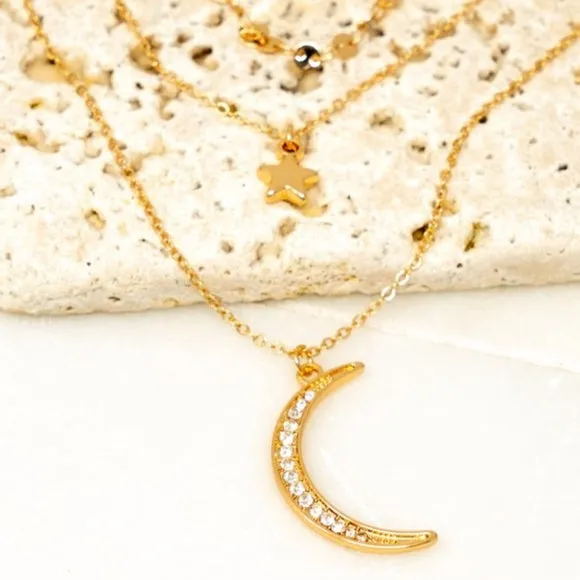 Gold Crescent Moon Star Trio Layer Necklace