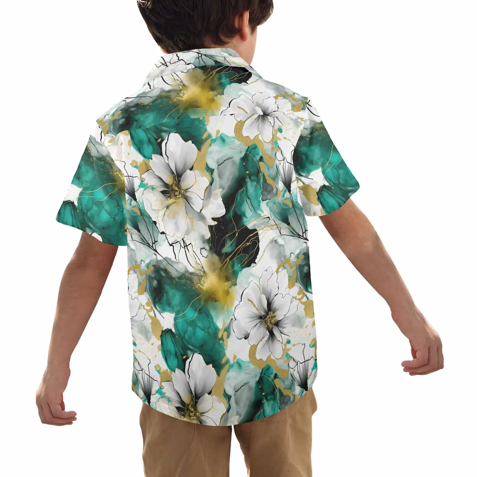 Green and White Ink Floral  Little Boys Hawaiian Shirt