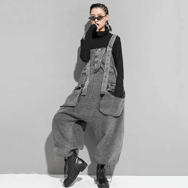 HEYFANCYSTYLE Casual Gray Denim Jumpsuit