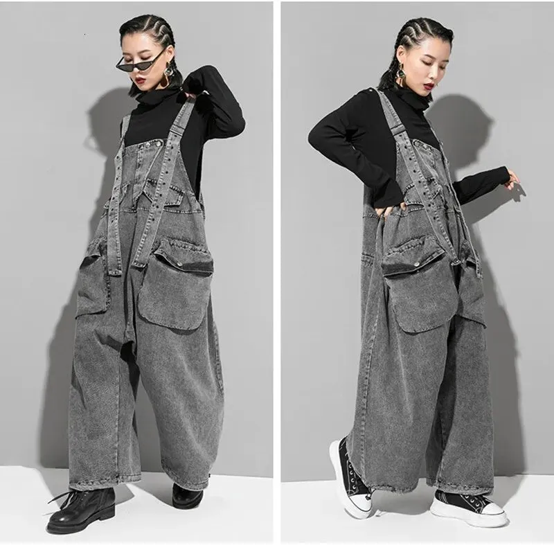 HEYFANCYSTYLE Casual Gray Denim Jumpsuit