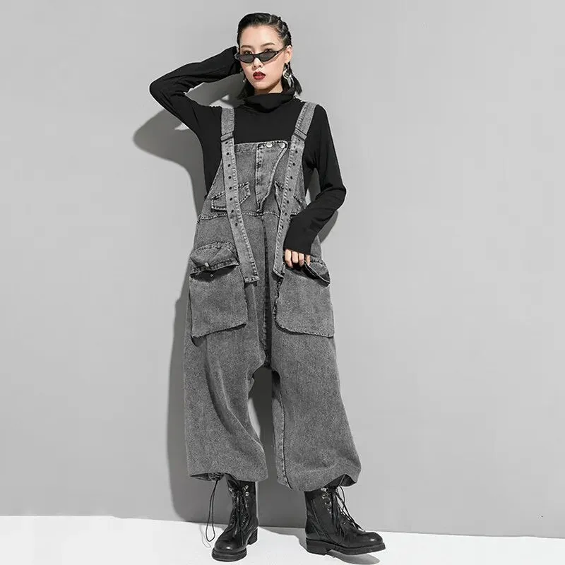 HEYFANCYSTYLE Casual Gray Denim Jumpsuit