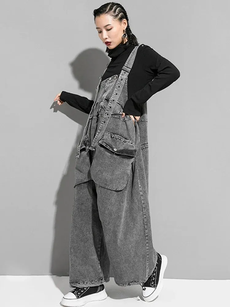 HEYFANCYSTYLE Casual Gray Denim Jumpsuit