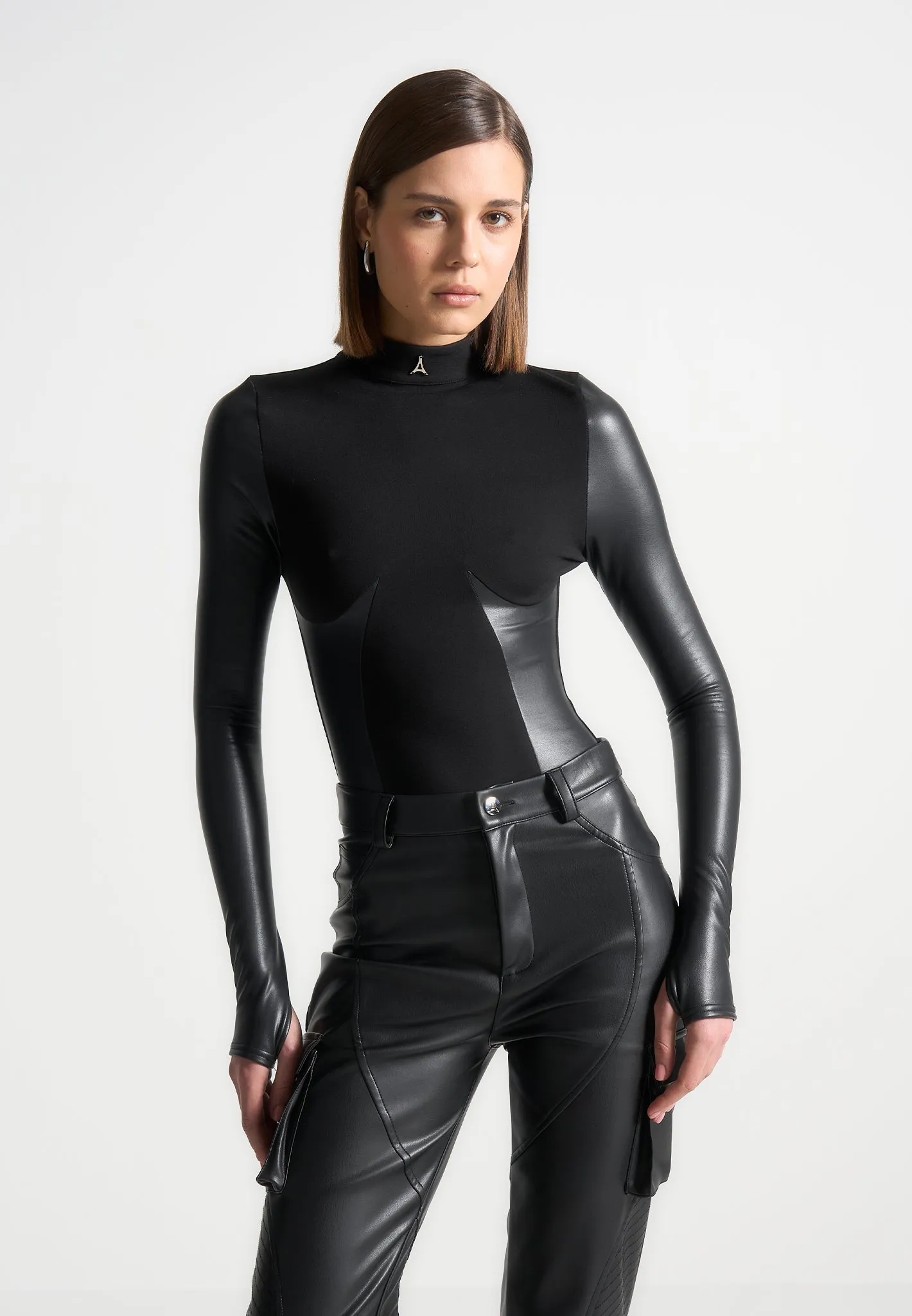 High Neck Long Sleeve Bodysuit - Black