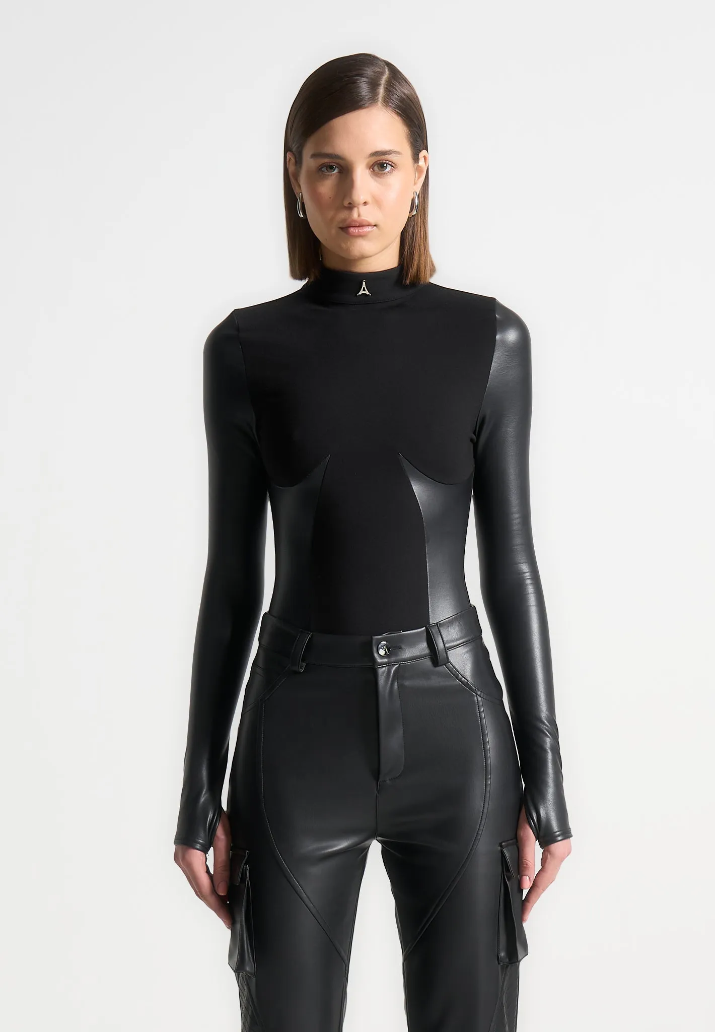 High Neck Long Sleeve Bodysuit - Black