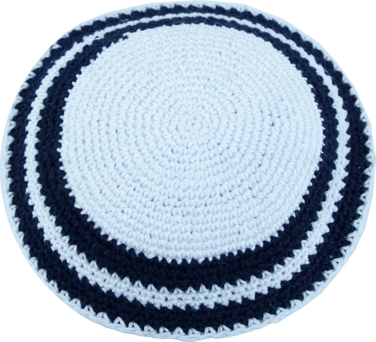 Holy Land Market White/Dark Blue, 17cm DMC 100% Knitted Cotton Kippah Torah Chabad Yarmulke