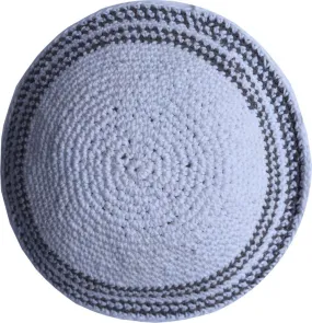 Holy Land Market White/Grey Lines 17cm DMC 100% Knitted Cotton Kippah Torah Chabad Yarmulke