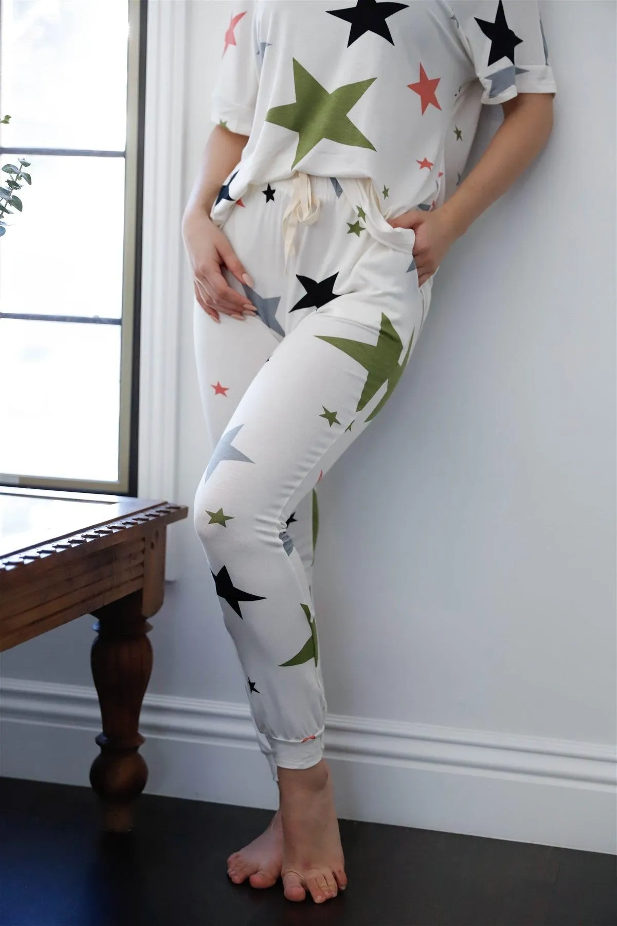 Ivory Multi Color Star Print Short Sleeve Top & Sweatpants Set