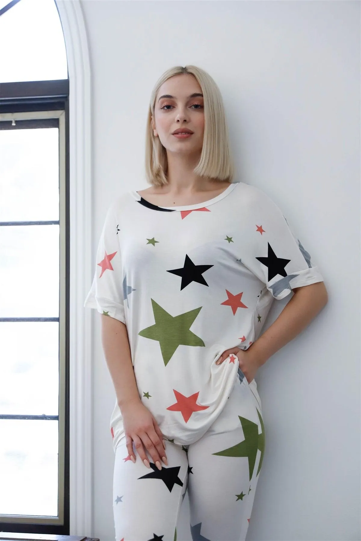 Ivory Multi Color Star Print Short Sleeve Top & Sweatpants Set