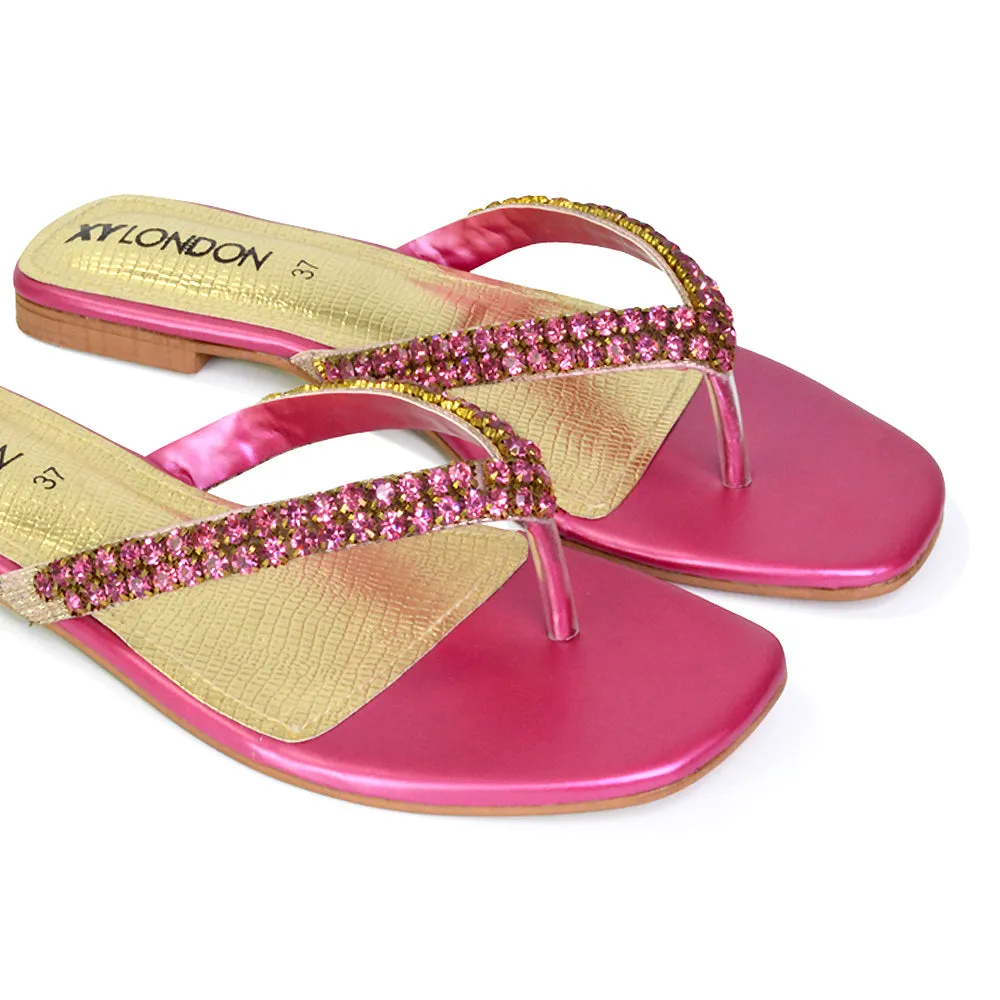 Jazlyn Flat Diamante Flip Flop Sandals Thong Summer Shoes in Gold