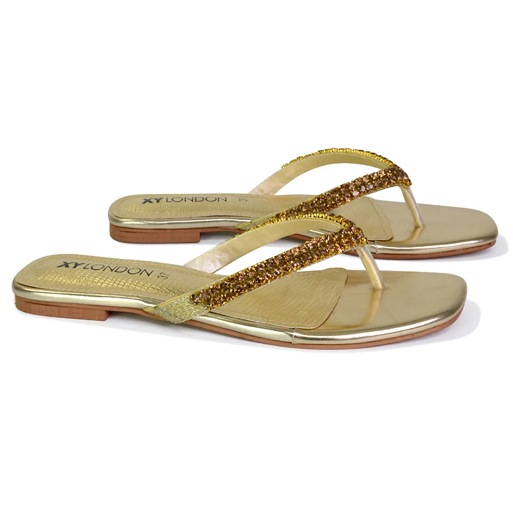 Jazlyn Flat Diamante Flip Flop Sandals Thong Summer Shoes in Gold