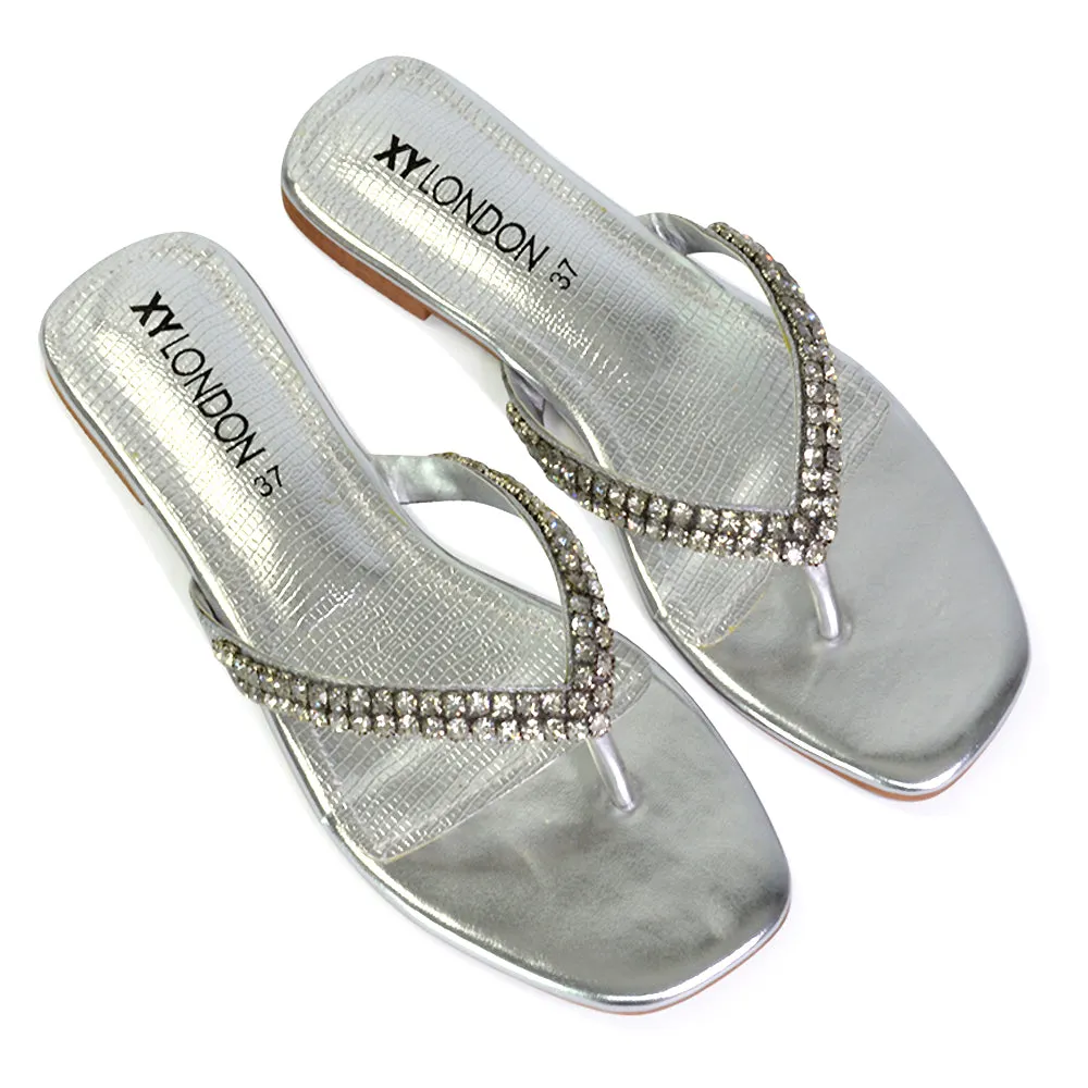 Jazlyn Flat Diamante Flip Flop Sandals Thong Summer Shoes in Gold