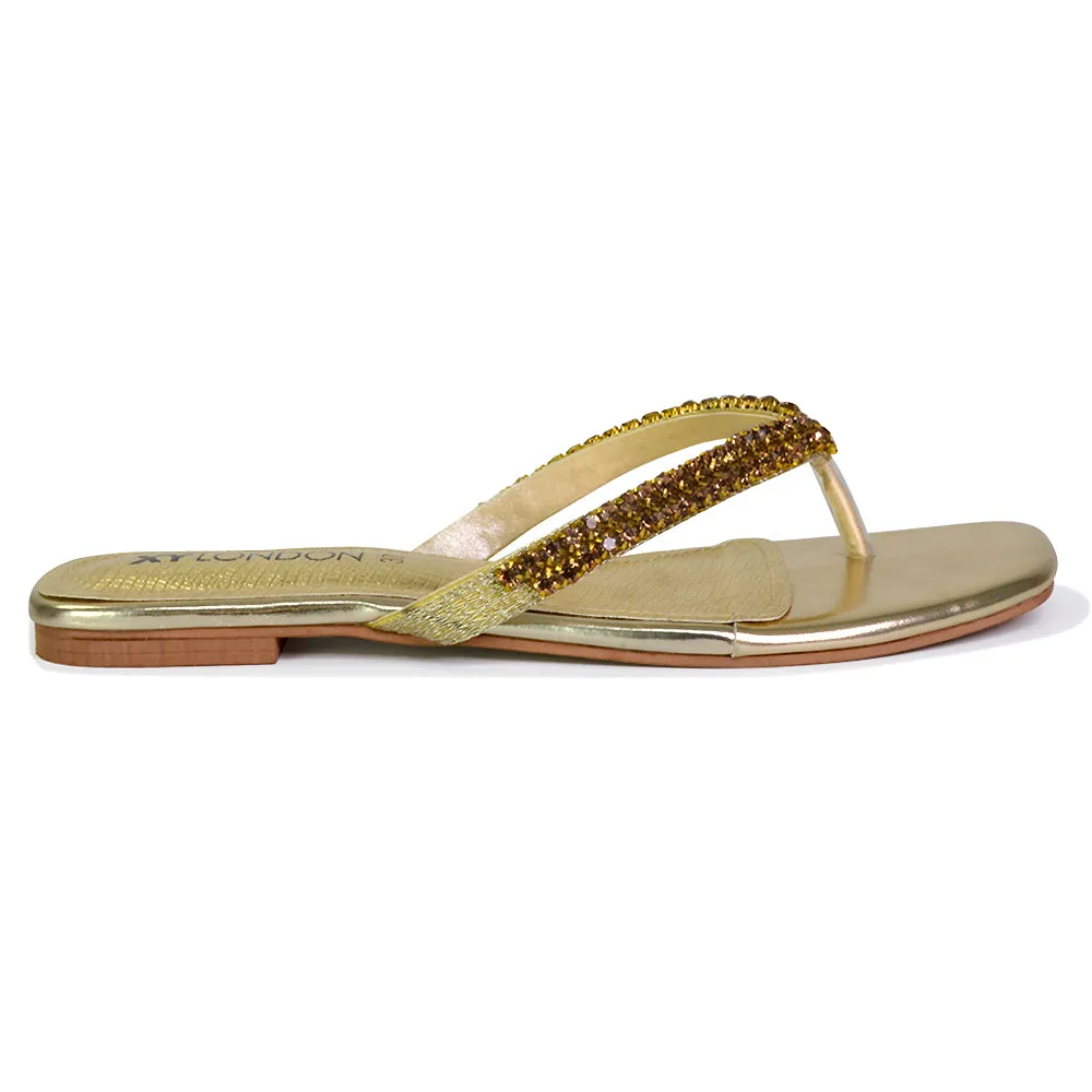 Jazlyn Flat Diamante Flip Flop Sandals Thong Summer Shoes in Gold