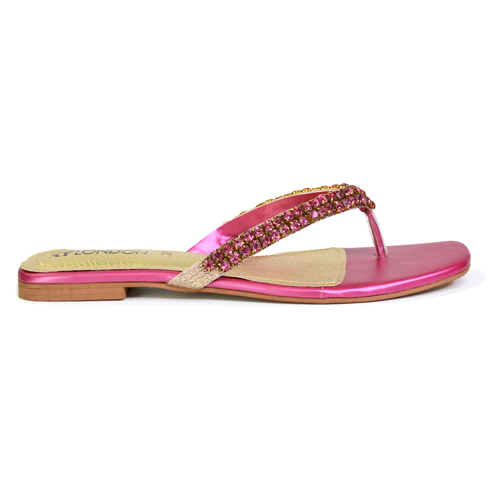 Jazlyn Flat Diamante Flip Flop Sandals Thong Summer Shoes in Gold