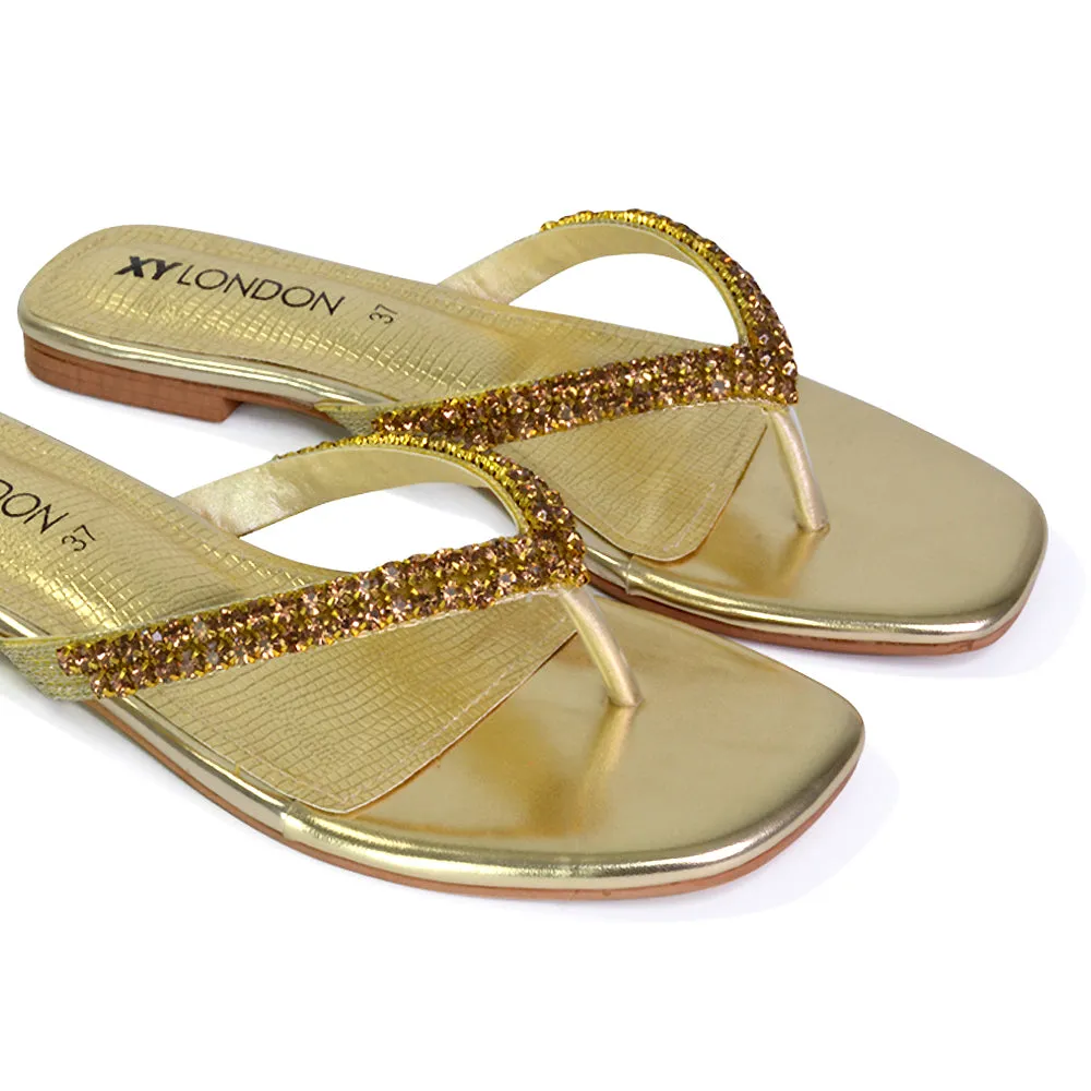 Jazlyn Flat Diamante Flip Flop Sandals Thong Summer Shoes in Gold