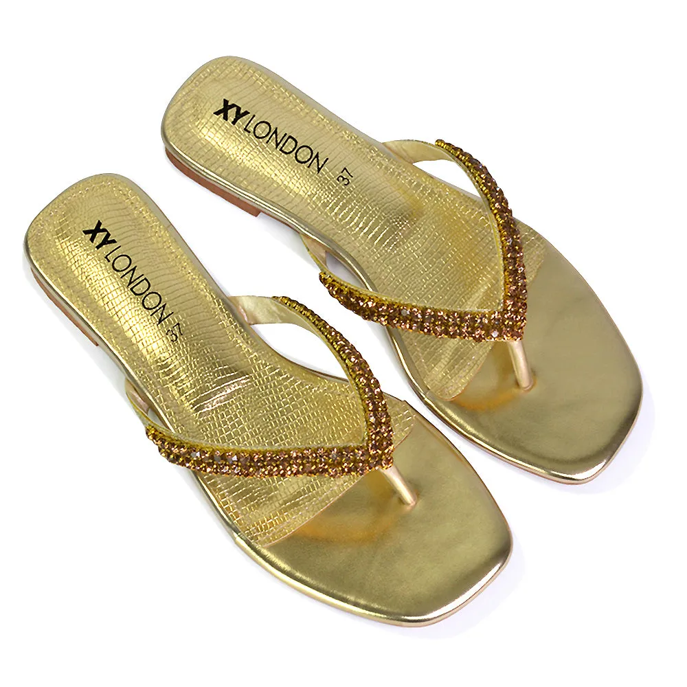 Jazlyn Flat Diamante Flip Flop Sandals Thong Summer Shoes in Gold