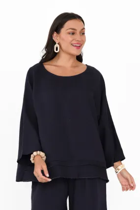 Johanna Navy Linen Blend Top