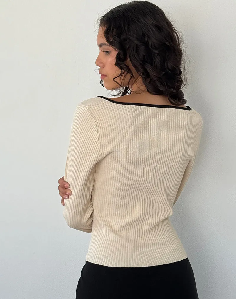 Juhye Knitted Long Sleeve Top in Beige with Black Binding