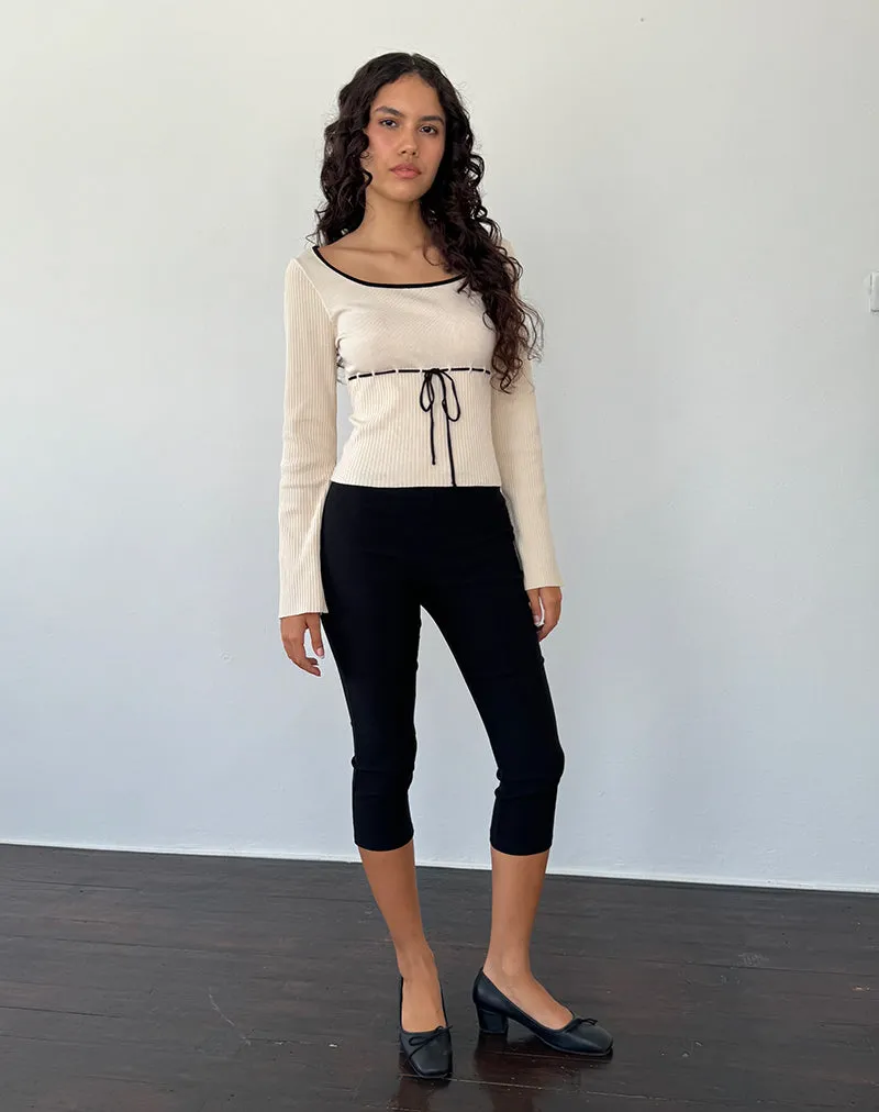 Juhye Knitted Long Sleeve Top in Beige with Black Binding